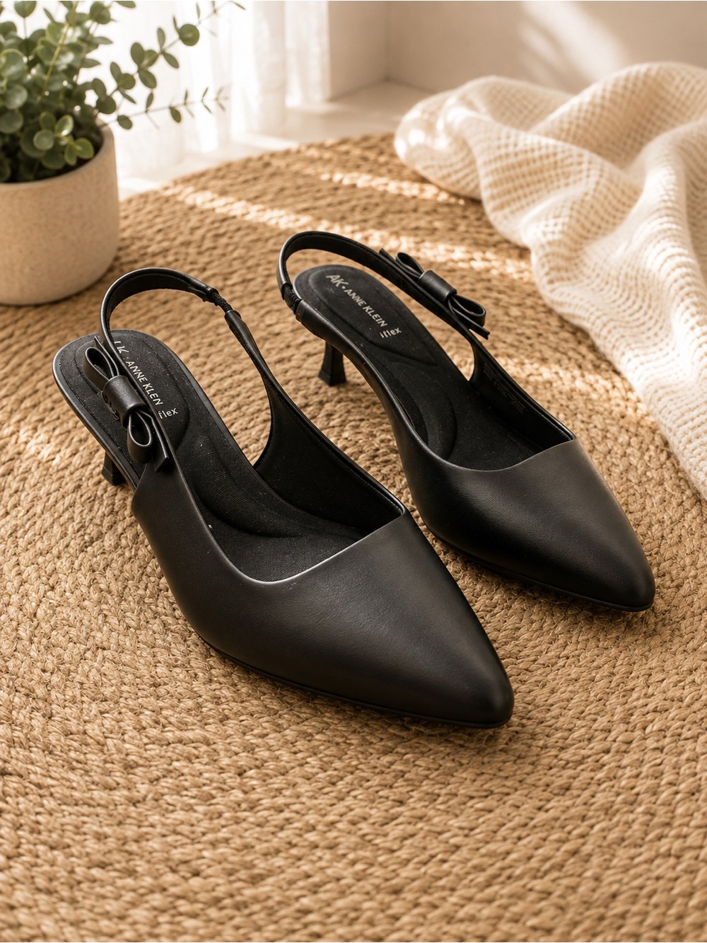 Anne Klein Black Pointed Slingback Heels with Bow Accent